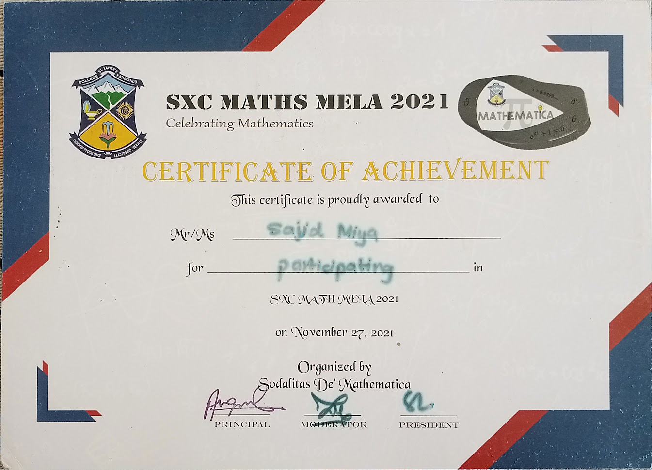 SXC Maths Mela Certificate